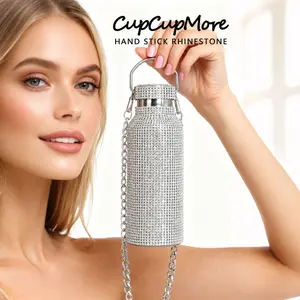 Cupcupmore Live 17 oz Silver Bling Rhinestone Stainless Steel Thermal Water Bottle Insulated Mug with Glitter & Chain Leakproof Double Walled Vacuum Flask for Women Girls Gifts Keeps Cold 12 Hours Drinks,Coffee
