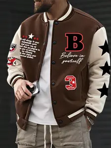 Men's Fall Winter Fleece Lined Vintage Colorblock Baseball Jacket, B Letter Star Motivational Print, Casual Streetwear
