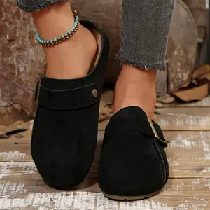 Suede Backless Loafers for Women Soft Slip On Mules with Metal Buckle Lightweight Non-Slip Sole Indoor Outdoor Shoes for Fall/Winter