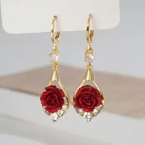 Rose Drop Earrings 14K Gold Plated Sparkling Crystal Tassel Design, Chic Elegant Fashion Jewelry Water Drop Earrings for Women 2025 DZEH4322