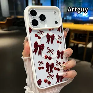 Magnetic Phone case for iPhone 17 16  Pro Max Plus 15 14 13 12 11 Air E Cherry Bows Pattern Non-Yellowing Shockproof Soft Silicone Transparent Acrylic Cover Supports Wireless Charging