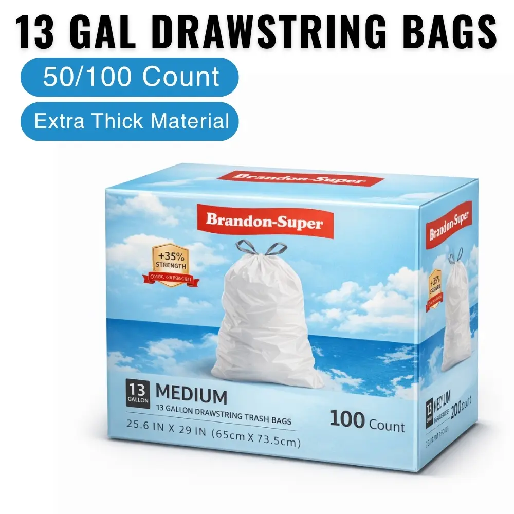 Boxed 13 Gallon Drawstring Trash Bags Single Wall 16µm