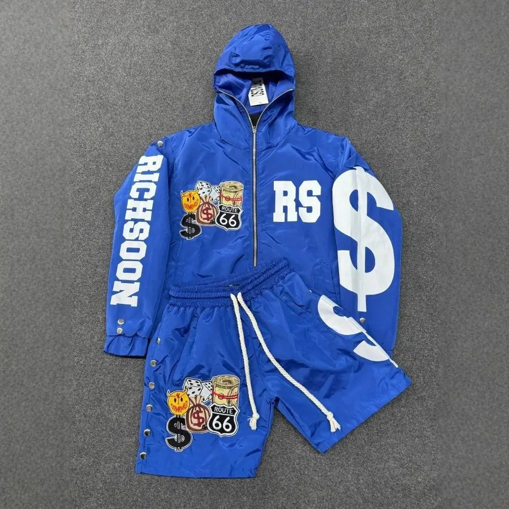 Men Women Street Windbreaker 2 Piece Outfit, Retro Route 66 Patch Graphic Zip Up Hooded Jacket & Shorts Set, Hip Hop Oversized Streetwear Tracksuit