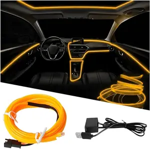 EL Wire Car LED Strip Lights, 10FT 5V USB Vehicle Ambient Lighting Kit with Fuse Protection, Automotive Interior Neon Decoration Lamp with 5mm Sewing Edge, Universal Fit (Yellow)