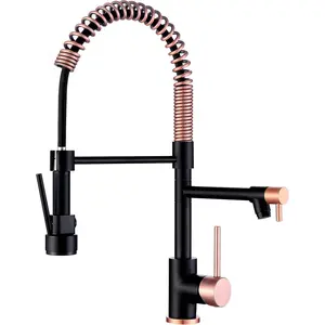 Copper & Black Spring High Arc Kitchen Faucet,Brass Pull Down Sprayer Faucets ,Kitchen Sink Faucet Single Handle Spring Two Nozzles Faucets, Suitable for RV, Bar & Laundry