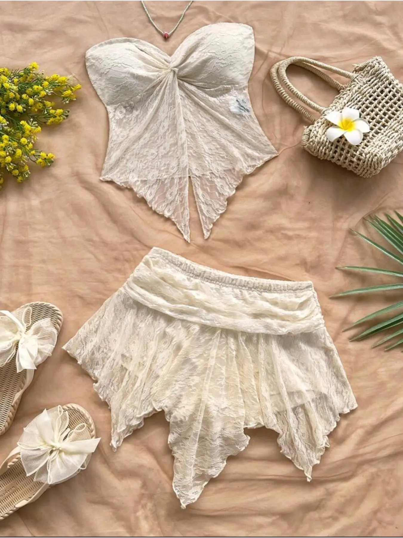Women's lace sling shirt top and skirt casual outfit set, apricot color, Fitted, Womenswear, Clothes, feminine, suitable for vacation, beach, music festival, party, Fashion