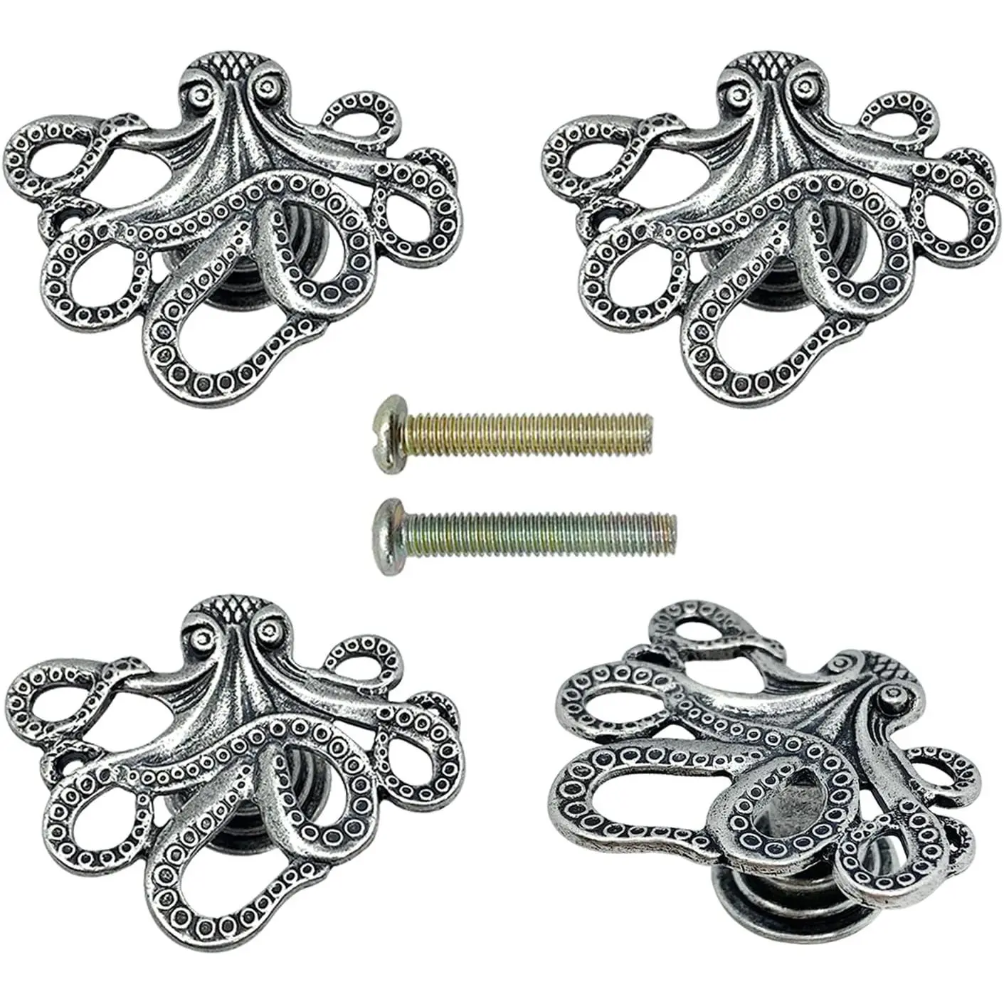 4-Count Durable Octopus Design Drawer Knobs, Single-Hole Pulls with Knob Installation Compatibility, Ancient Tin Color Handles for Cupboard, Dresser