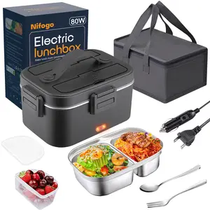 Black Portable Electric Lunch Box 80W High Power Square Design 1.8L Stainless Steel Liner Display Screen 12V24V110V Multi Voltage Leak Proof Car Office Travel Heater