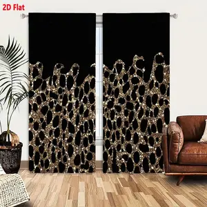 2D Flat  2-Piece Curtain Set, Golden Leopard Cheetah Print Pattern on Black Background, Textured Speckled Design with Wavy Top Edge, Elegant Luxurious Decor for Living Room Bedroom, Room Darkening Privacy Window Drapes, Home Decoration Curtain
