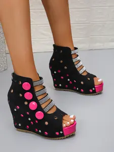 Women's Summer Wedge Heel Thick Sole Sandals, Fashion Elegant Sport Punk Rivet Three Straps Colorblock Chunky Heels, Party Holiday Shoes