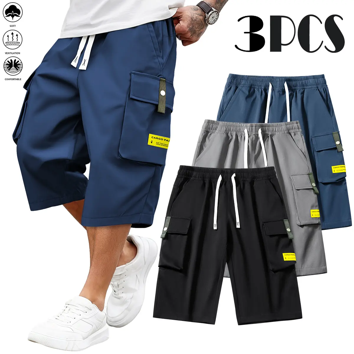 Men’s fashion loose-fit cargo Capri pants — multiple pockets, slightly stretchy, lightweight and breathable casual long pants, suitable for outdoor activities, travel, and everyday wear.