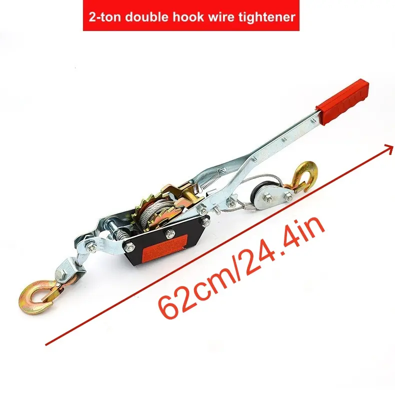 2 T Steel Double Hook Cable Puller - Heavy-Duty Ratchet Wire Rope Come-Along Tool with Rubber Grip, Safety Hooks, Manual Wire Tightener for Cargo Secure