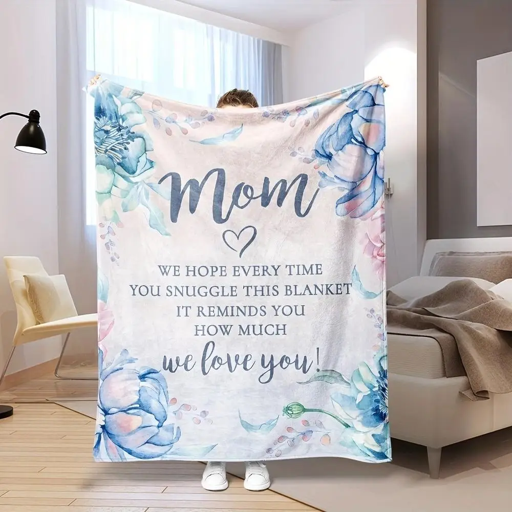 Floral & Mom Letter Pattern Flannel Blanket, Soft Warm Nap Blanket, All Season Blanket, Breathable Comfortable Blanket, Comfy Bedding for Halloween De