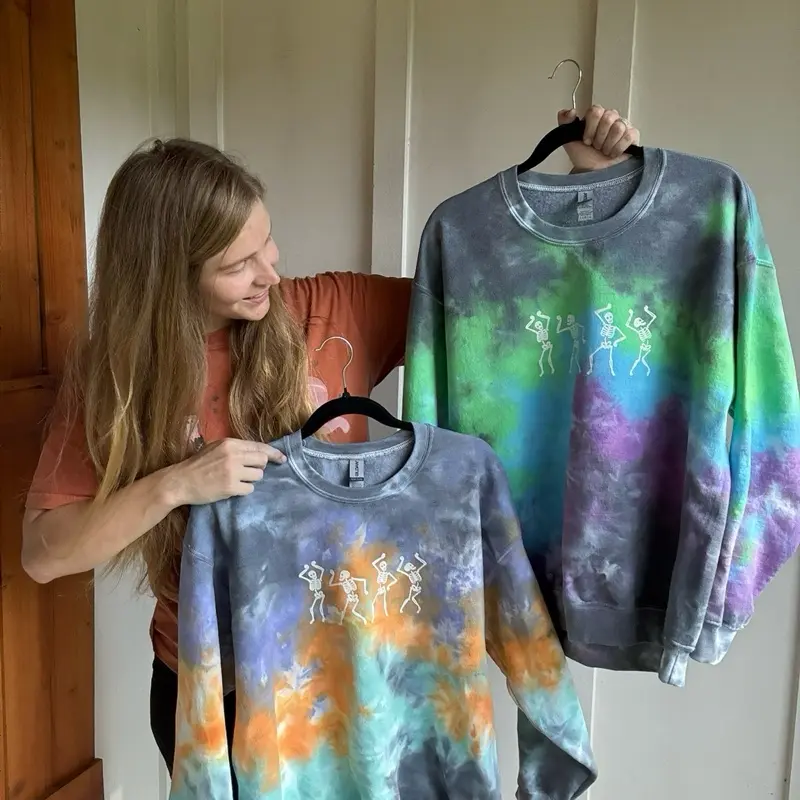 *Made to Order* Shimmer dancing skeleton print with bats on the sleeve! TIEDYE Cotton.