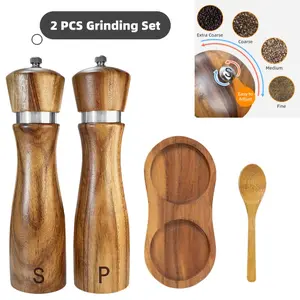 2 PCS Wooden Salt and Pepper Grinders Set: Manual grinder with adjustable fineness, made of rosewood, with ceramic/stainless steel inside | Also includes salt and pepper grinder trays, spoons, and an 8-inch long component