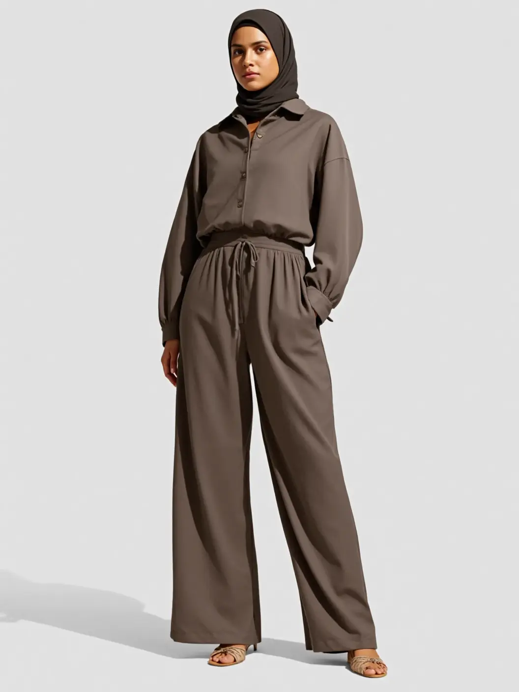 Lm131 Tie Front WideLeg Pants With Pockets & Women's Solid Button Front Shirt Two-piece Set,Casual Modest Outfit.