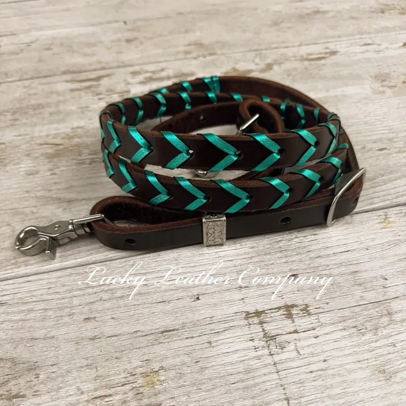 USA MADE, Butter Soft, Chocolate & Metallic Aqua Barrel Reins, 7ft, Handmade in Idaho! Top Quality Leather, Stainless Steel Hardware