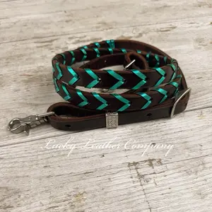 USA MADE, Butter Soft, Chocolate & Metallic Aqua Barrel Reins, 7ft, Handmade in Idaho! Top Quality Leather, Stainless Steel Hardware