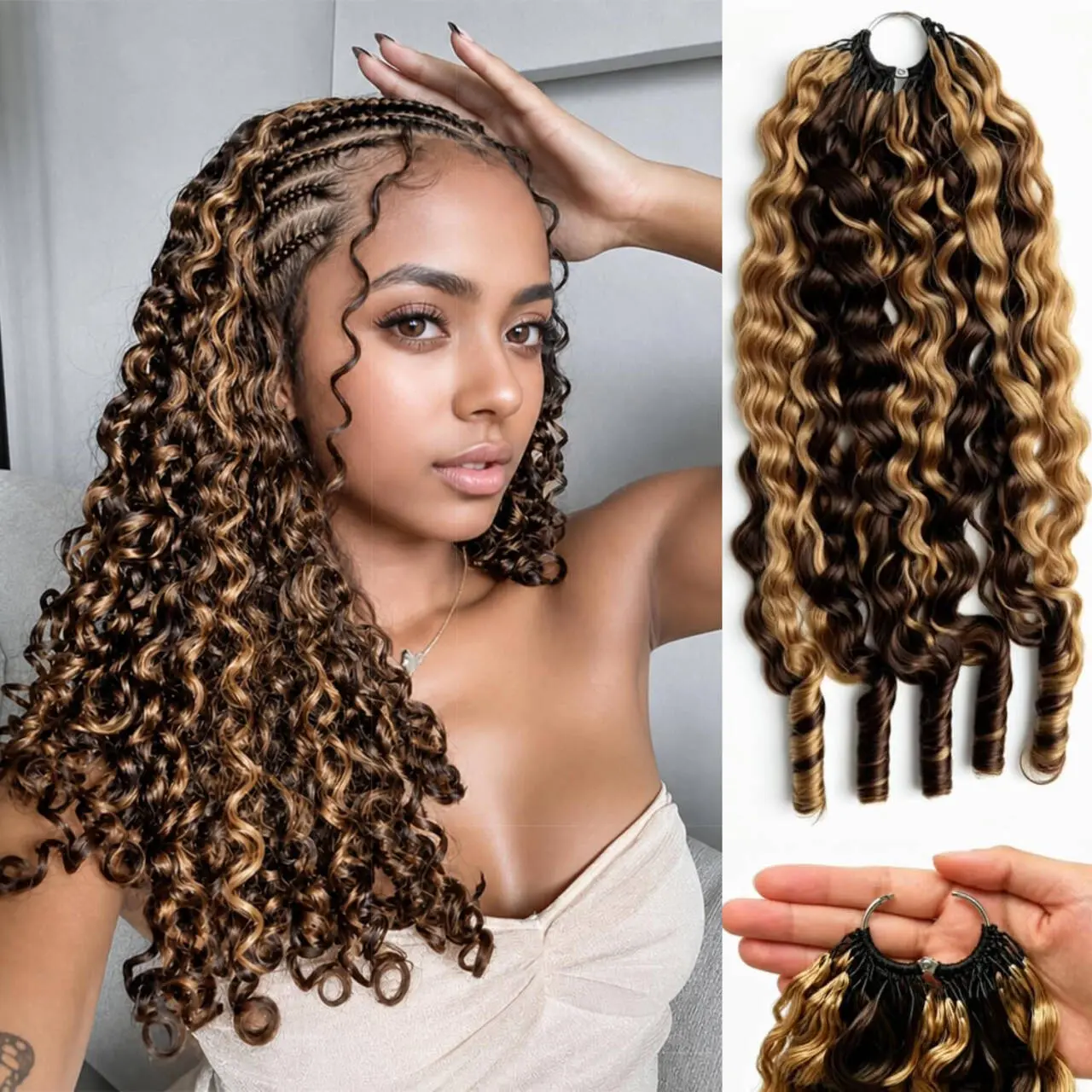 Bling Hair 4/27 Color Burmese Curly Feather Crochet Human Hair Extensions Highlight ,50g/Pack 4/27 Pre-Separated Feather Light Crochet Human Hair Extensions Wigs Miracle Knots Crochet Human Hair, Time-Saving For Women