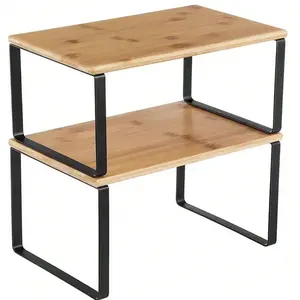 Cabinet Organizer Shelf, Set Of 2 Kitchen Counter Shelves, Kitchen Storage, Spice Rack, Stackable, Expandable, Metal And Engineered Wood, Ink Black And Natural Beige