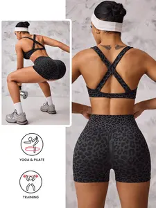 Women's 2-Piece Leopard Print Sportswear Set, High-Waist Elastic Waist Sports Bra and Shorts, Fitness Compression Wear, Ideal for Fitness and Daily Activities, Yoga Wear