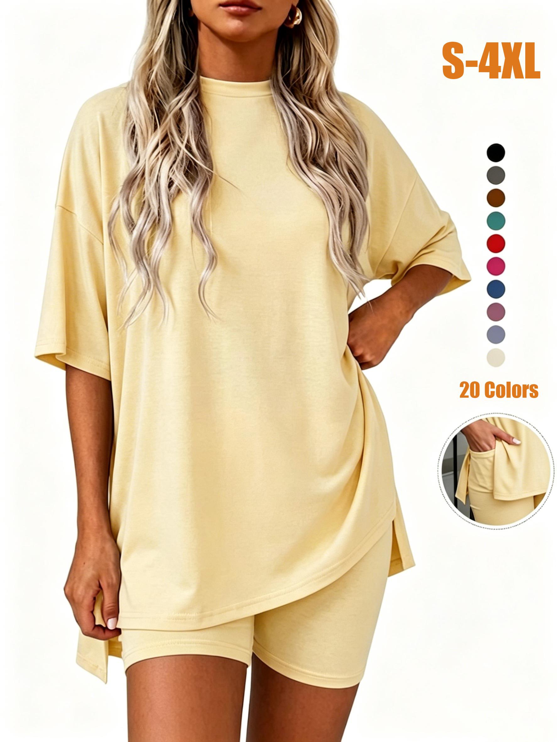 Crewneck Two-Piece Set For Women Summer Casual Oversized Split Hem Shirts & Side Pocket Biker Shorts Minimalist Lounge Wear Soft Viscose Fabric Comfy Homewear Cozy Pjs#Summervibes#SwimWeek