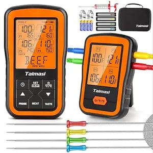 Wireless Digital Meat Thermometer with 4 Probes & Meat Injector, Upgraded 500FT Remote Range Cooking Food Thermometer for Grilling & BBQ & Oven & Kitchen, LCD