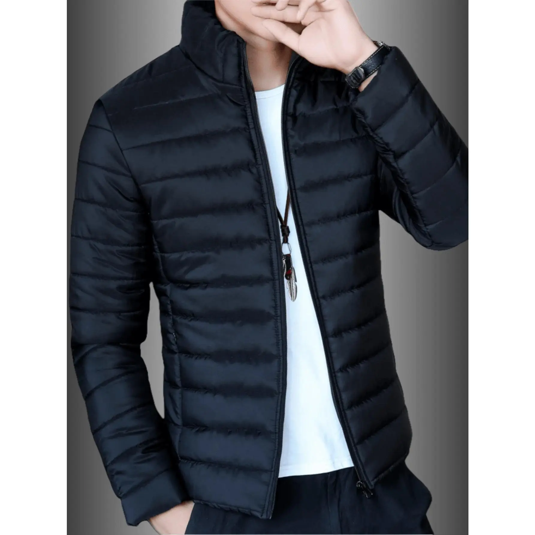 Men's Padded Polyester Buffer Business Commuting Jacket - Menswear Coats, Plain Lightweight Slight-Stretch Long Sleeve Tops, Funnel Neck, Zipper Closure, Hem, Daily Wear, Machine Wash & Dry Clean Compatible
