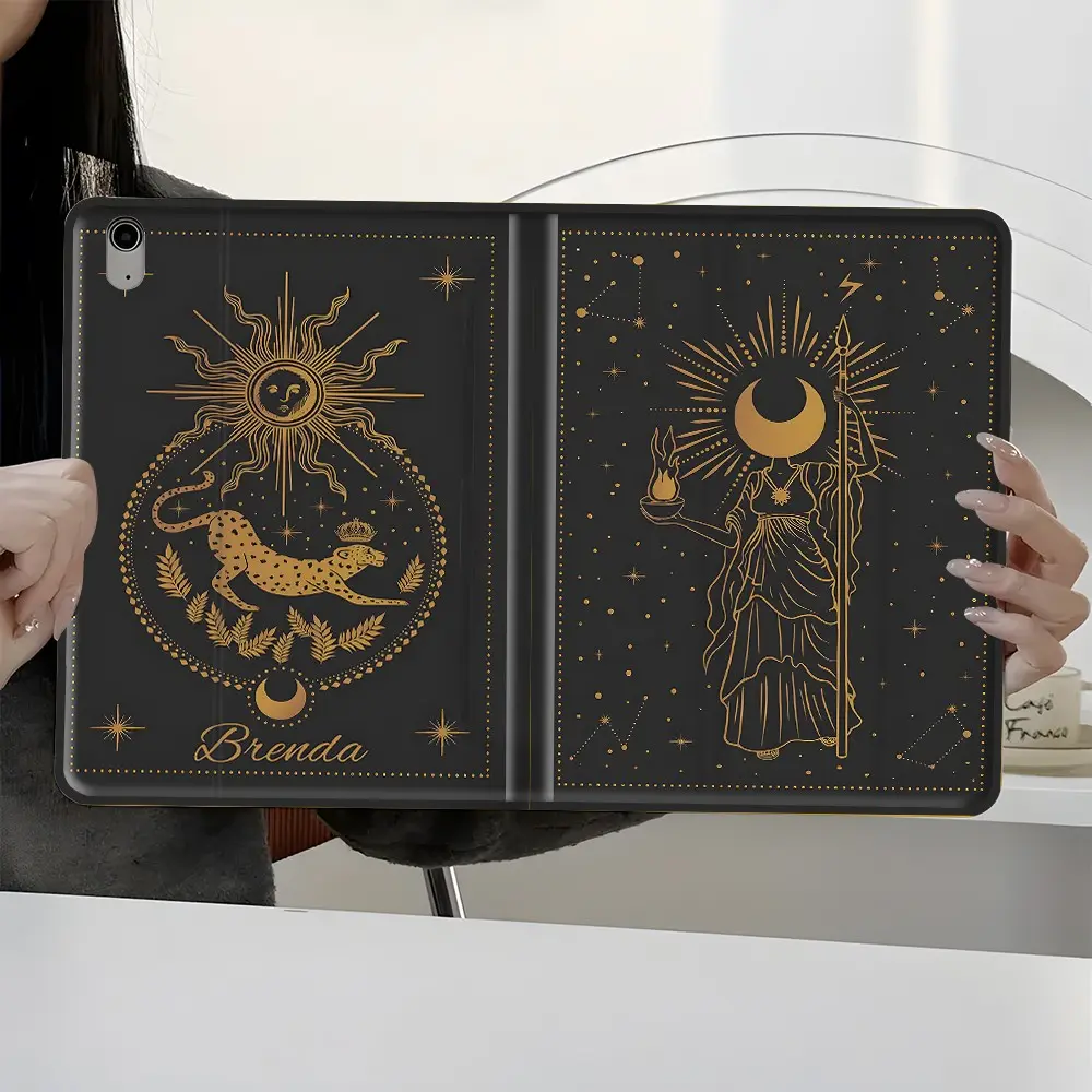 Celestial Goddess iPad Case, Personalized Sun Moon Leopard Folio Cover with Pen Slot, Full Protective Tablet Case for Office School, Fits iPad 7.9/8.3/10.2/10.5/10.9/11/12.9 13 inch,Great Gift for Mystical Lovers