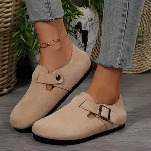 Women's Suede Buckle Flat Shoes - Comfortable Round Toe Slip-Ons with Adjustable Strap for Daily Wear Indoor Outdoor Shoes