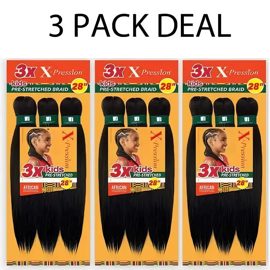 3X X-Pression Kids Pre-Stretched Braid 28" African Collection 3 Pack Deal for Kids Hair Extensions( 3 pcs )