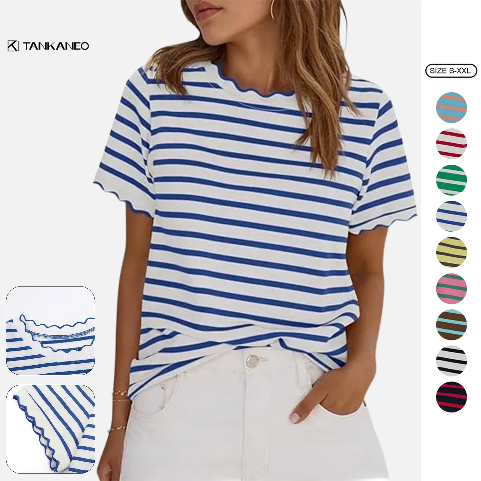 Tankaneo Womens Short Sleeve Striped Tshirts Summer Color Block Scalloped Tops Trendy Casual Basic Tee Shirts