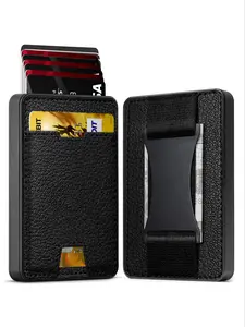 Men's Rotary and Automatic Push Out Credit Card Holder Rfid Blocking Slim Wallets Textured Wallet PU Leather Vintage Aluminum Rfid Card Holders Leather Wallet, Wallet for Men Credit Card Holder With Attached Clip Gifts for Men Cardholder Rfid card slots