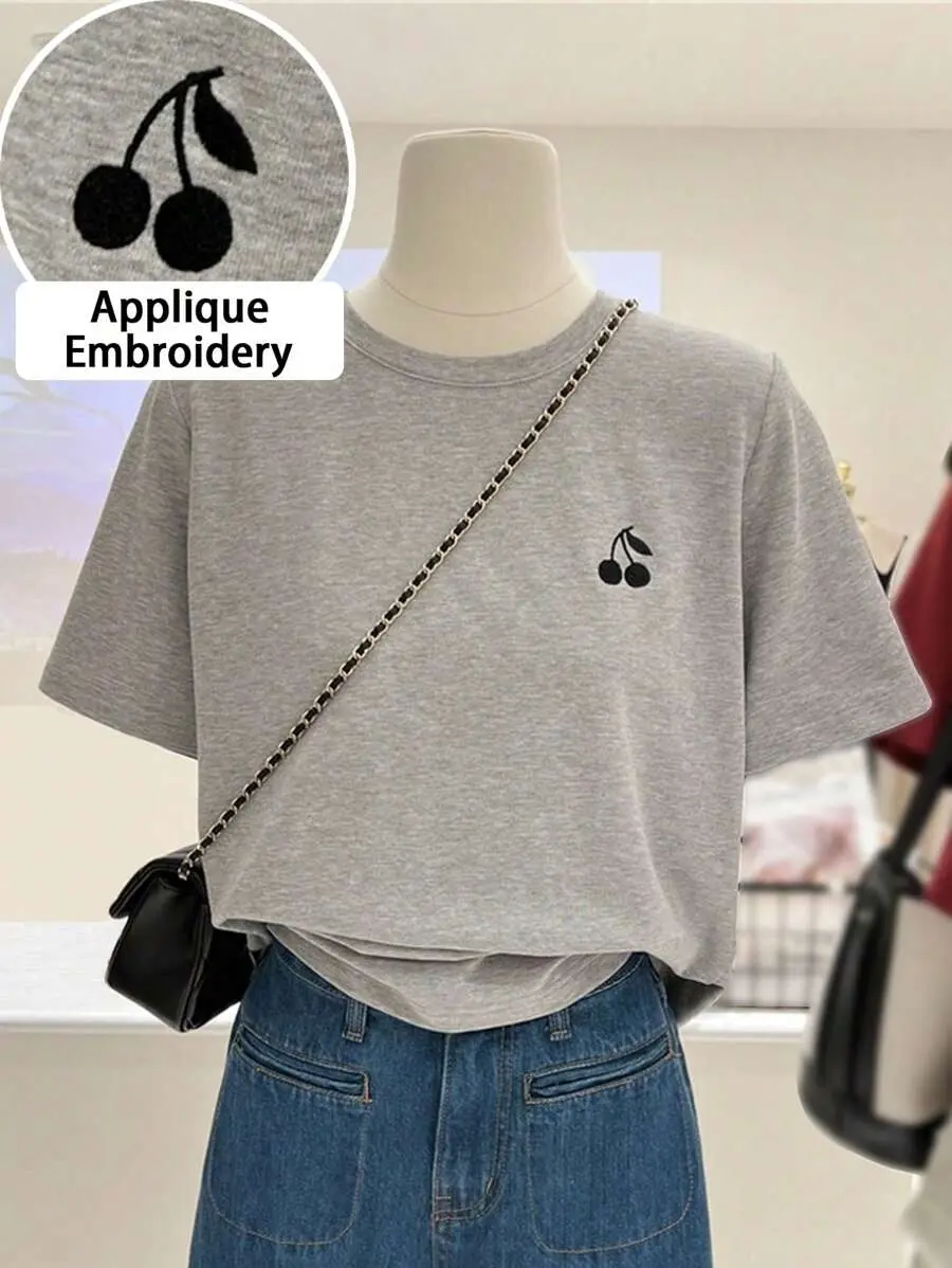 Women's Embroidered T-Shirt - Cherry Graphic Short Sleeve Regular Fit Tee for Beach Vacation