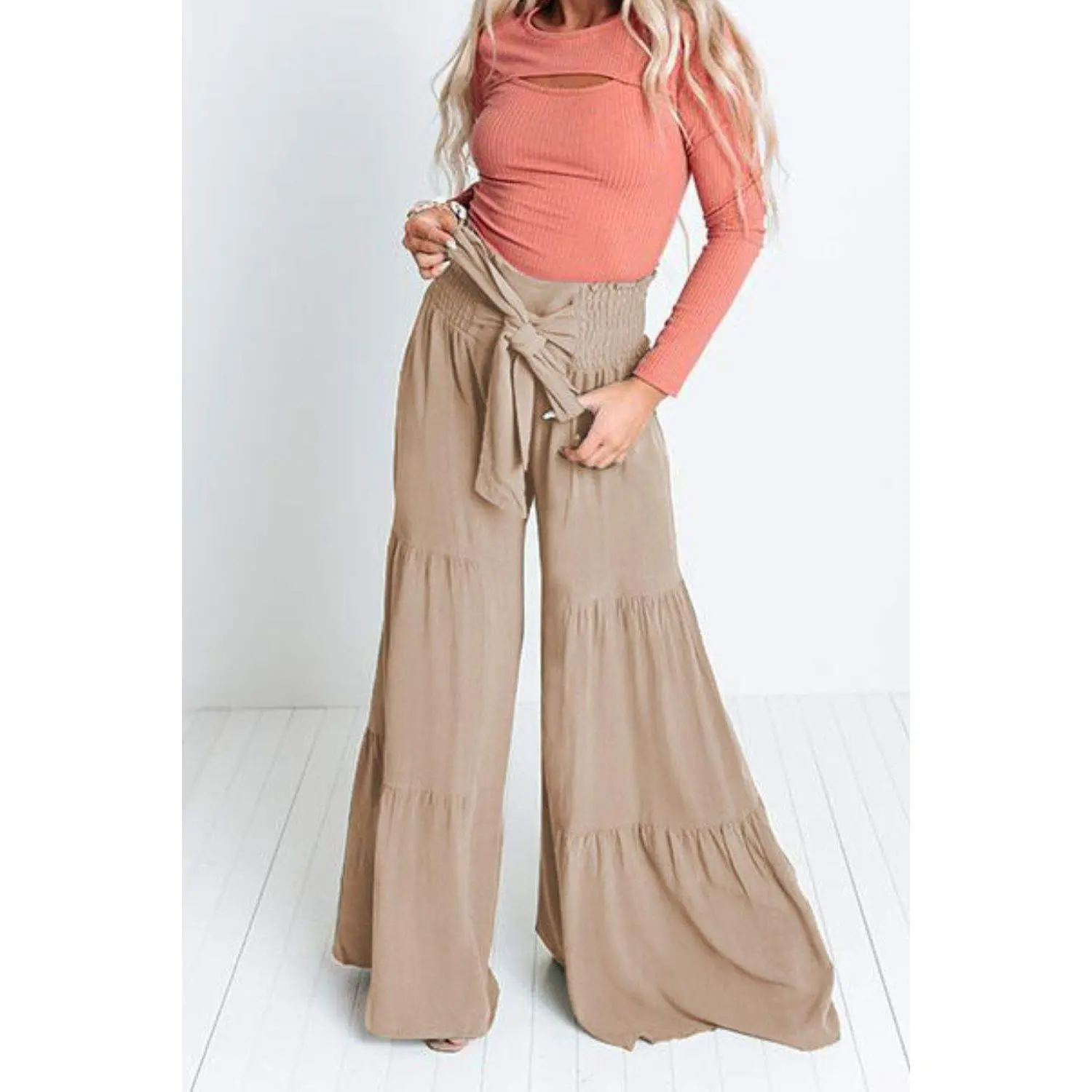 Tie Front Smocked Tiered Culottes