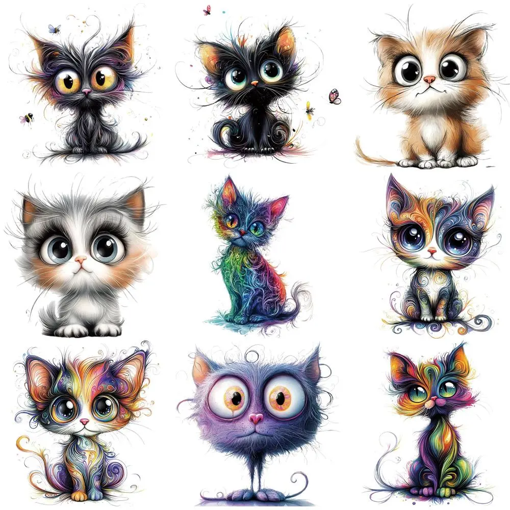 Cute Cat Pattern Heat Transfer Sticker, 9pcs/set DIY Making Heat Transfer Sticker, Heat Press Sticker for T-shirt, Jeans, Hoodie, Backpack