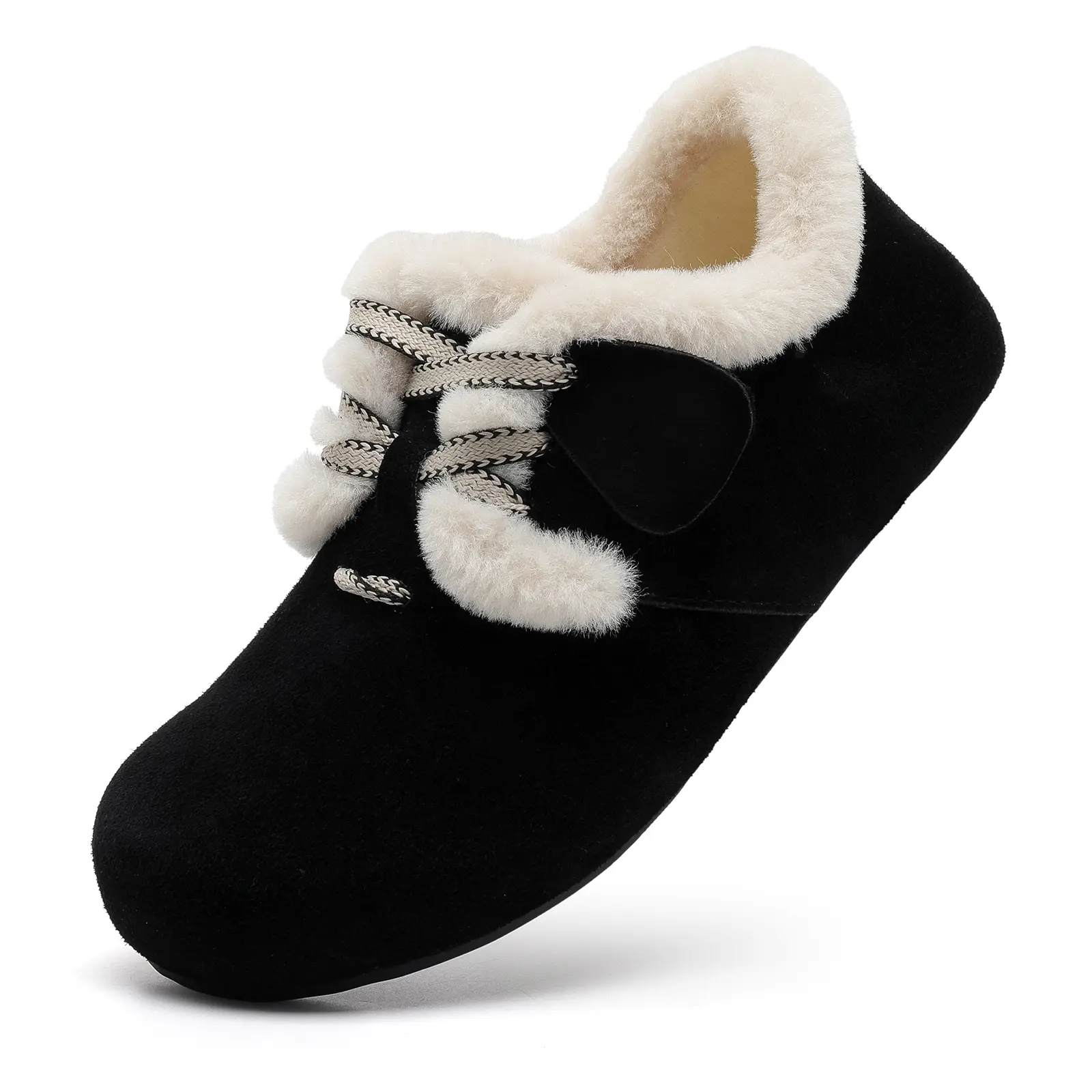 MVEUAC Women's Fur-Lined Suede Loafers, Faux Leather Winter Slip-On Flats with PVC Sole, Warm Cozy Walking Shoes for Leisure & Work (Black)