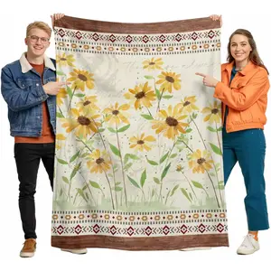 Yellow Daisy Flowers Throw Blanket 30'' x 40''for Couch Sofa Bed, Super Soft Cozy Plush Flannel Travel Blankets with Leaf Plant Boho Design, Idea Gifts for Adults Women Men