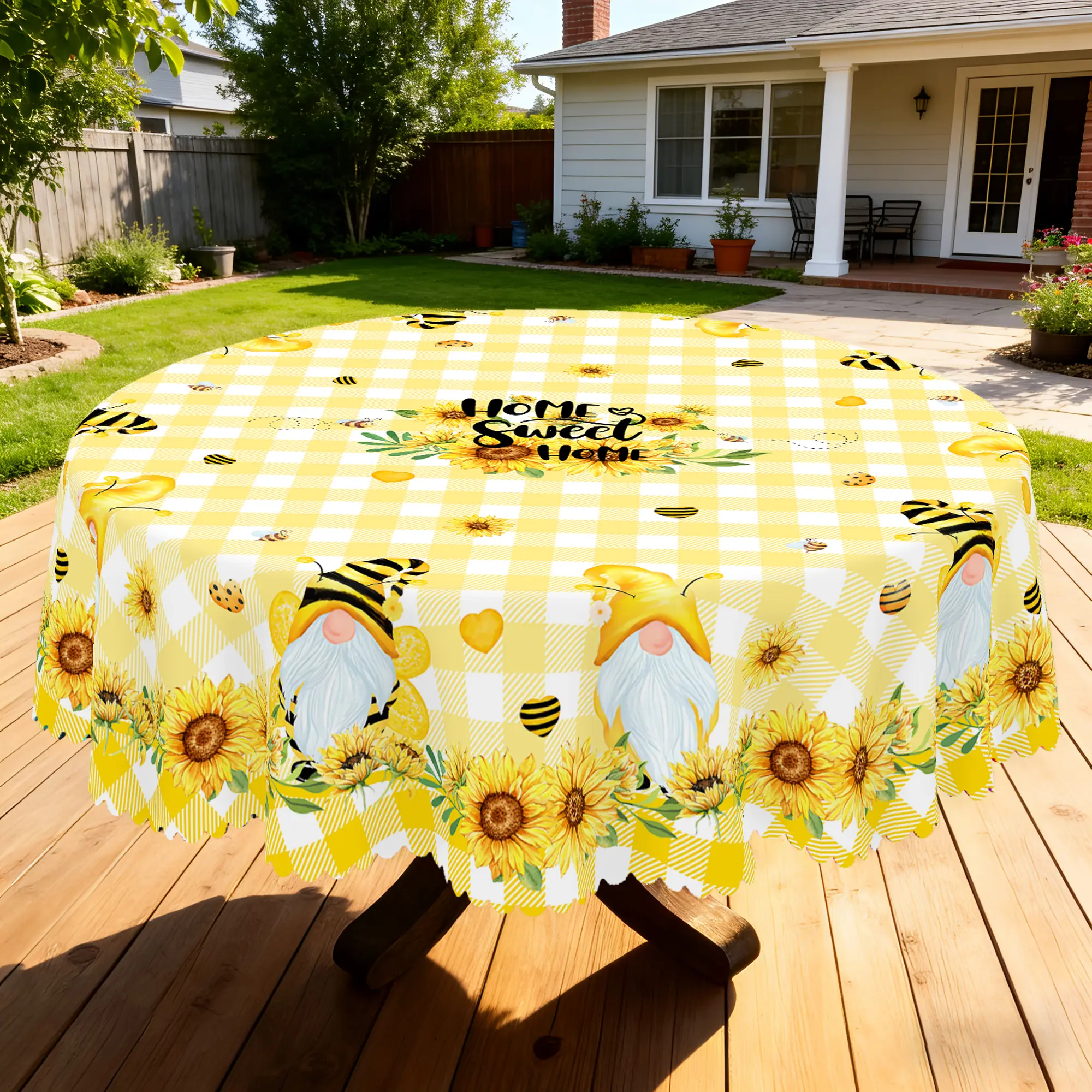 BLIOWL Rectangle Sunflower & Dwarf Prints Tablecloth - Vibrant Yellow-White Checkered, Wrinkle-Resistant, Easy-Care Farmhouse Style Home Supply for Holiday Decor, Spring-Summer Indoor-Outdoor Dining