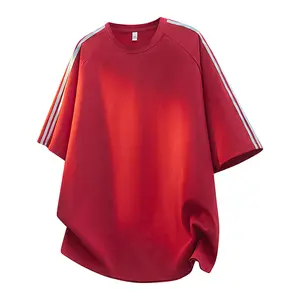 Men's Double Stripe Raglan Short-Sleeve T-Shirt, Stylish Streetwear Loose Fit Top, Breathable Plus Size Couple's Summer Clothes