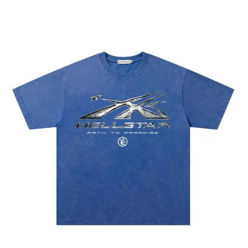 Hellstar Path To Paradise Vintage Wash Blue Chrome Graphic Oversized Unisex T‑Shirt