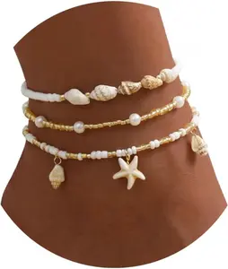 Shell Ankle Bracelet Set for Women, Gold Plated Boho Bead Adjustable Anklet, Hawaiian Beach Seashell Pearl Heart Starfish Conch Foot Jewelry Gifts
