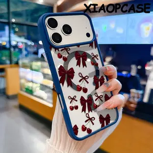 Magnetic Phone Case Compatible with iPhone 17 Pro Max Air 16 15 14  13 12 11 Plus,Red bow and cherries Pattern Clear Acrylic Hard Back Soft TPU Edge Non-Yellowing Protective Cover