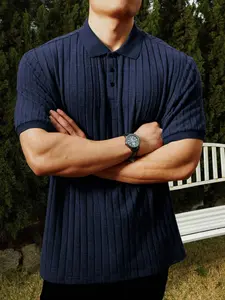Plus Size Men's Knit Polo Shirt, Classic Loose Short Sleeve Vertical Striped Collared Lightweight T-Shirt, Casual Summer Top for Men Daily Wear, Aesthetic Menswear