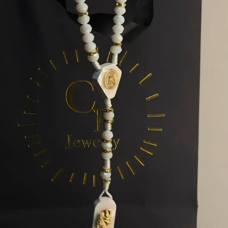Modern White Faux Pearl Saint Jude Rosary for Women, Devotional Necklace with an Adjustable Beaded Design for Daily Prayer, Faux Pearl Jewelry, Fabric, Artificial Pearl