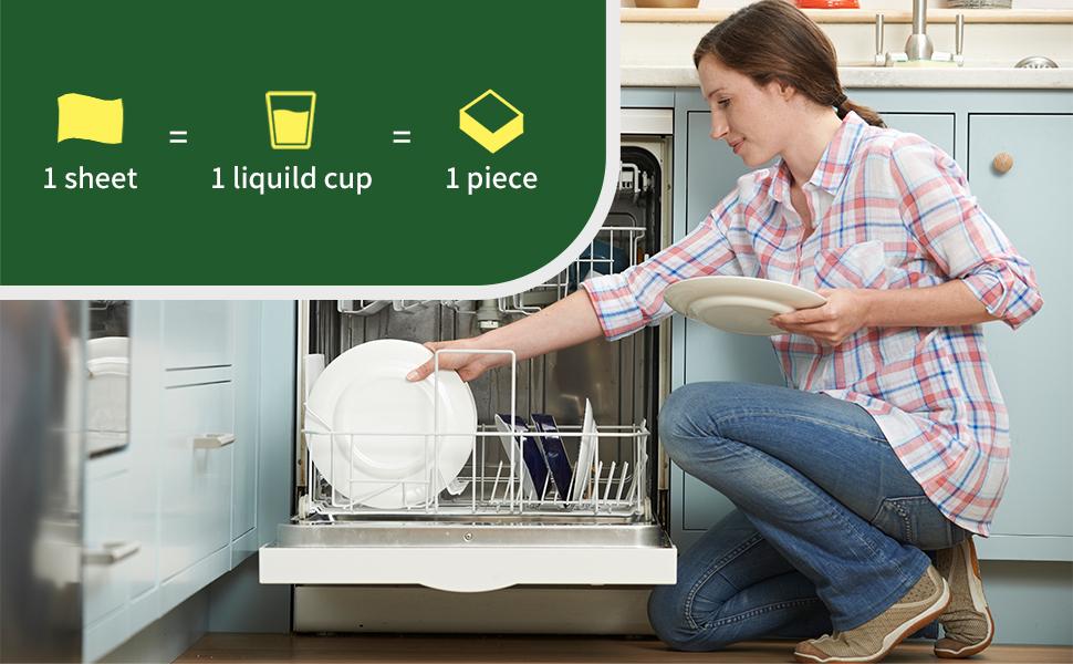 YUCO Dishwasher Detergent Sheets 100 Loads, Liquid-Free Dish Soap Cleaner Strips Eco-Friendly No Plastic Dishwasher Pods Detergent, Use in Dishwasher or Sink, Leaving Dishes Sparkling Clean (Lemon)