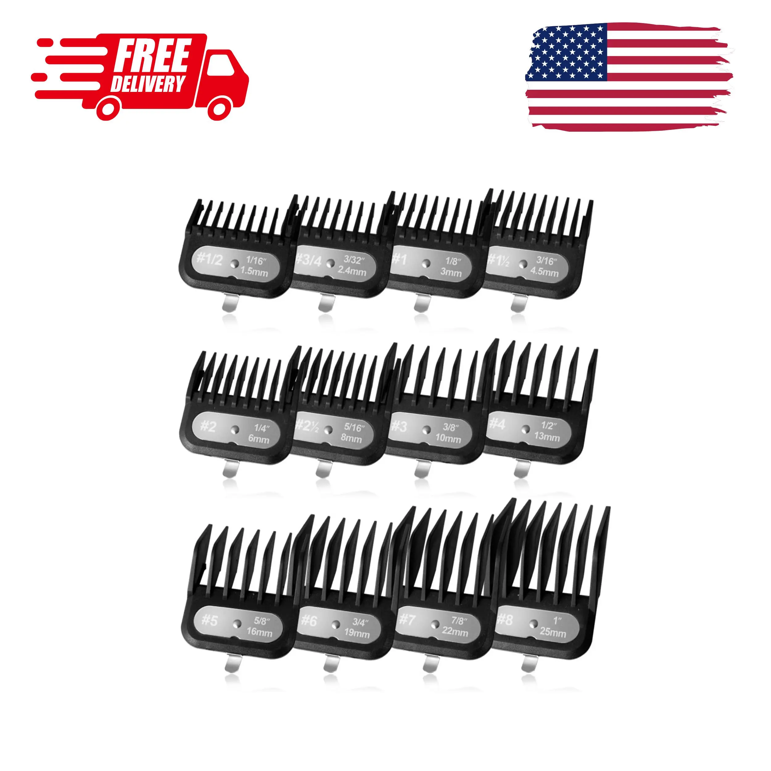 Clipper Guards Set Compatible with Most Wahl Clippers, -1/16" to 1", 12 Piece Set
