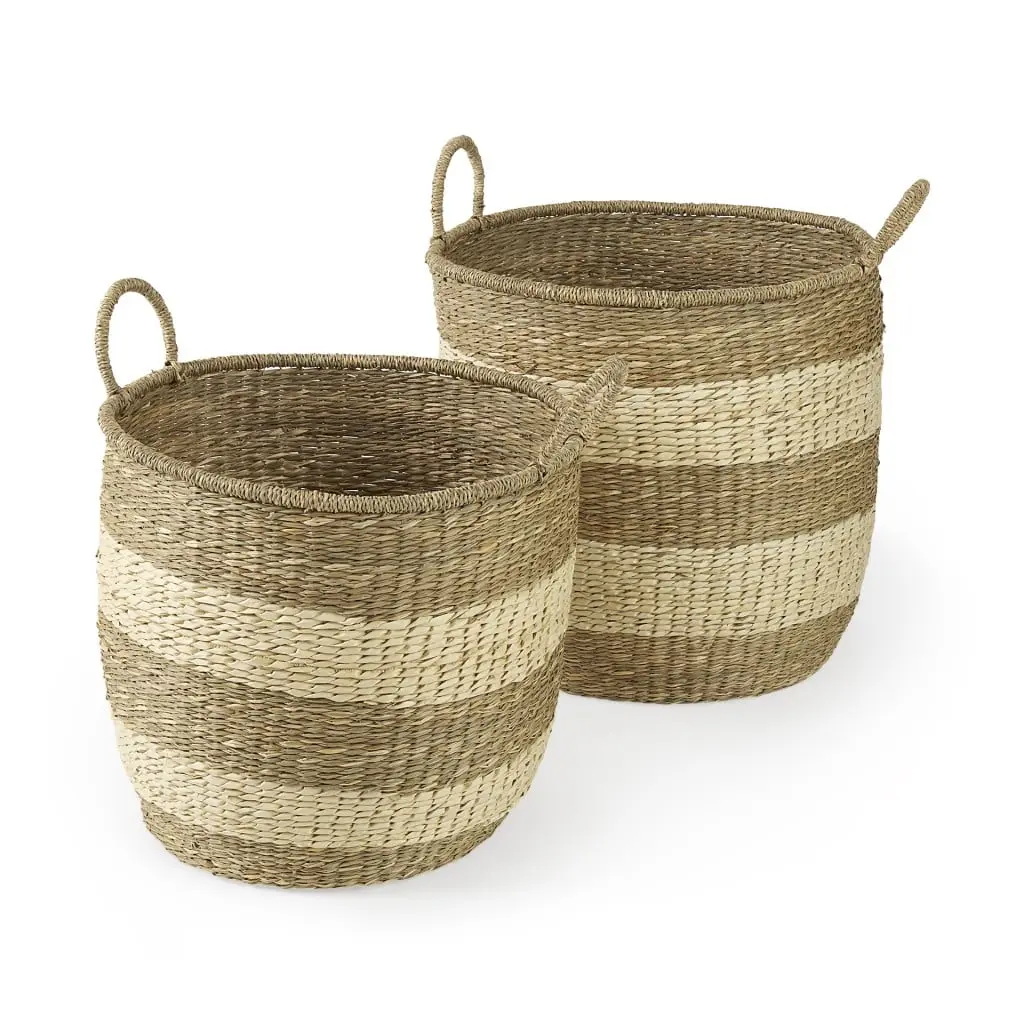 HomeRoots 392160 Round Wicker Storage Baskets with Braided Handles - Brown Set of 2, Home Organiser for Living Room Blanket Storage & Basketry Decor