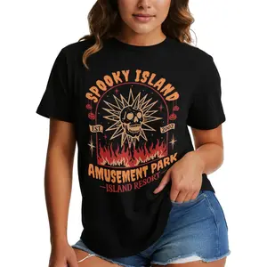Spooky Island Amusement Park Skull Graphic T-Shirt | Vintage Halloween Grunge Tee for Edgy Youth | Perfect Y2K Nostalgia TShirt Gift for Him