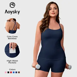 Aoysky Women CloudSoft Plus Size Workout 2 Piece Sets Halter Tank Tops High Waisted Biker Shorts Pockets Yoga Outfits